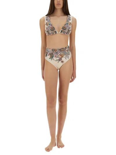 Zimmermann Rhiannon Wide Shoulder Bikini Set In Cream Multi Paisley In Multi