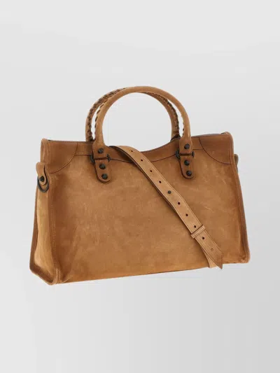 Balenciaga Camel Suede Medium Le City Handbag In Brown