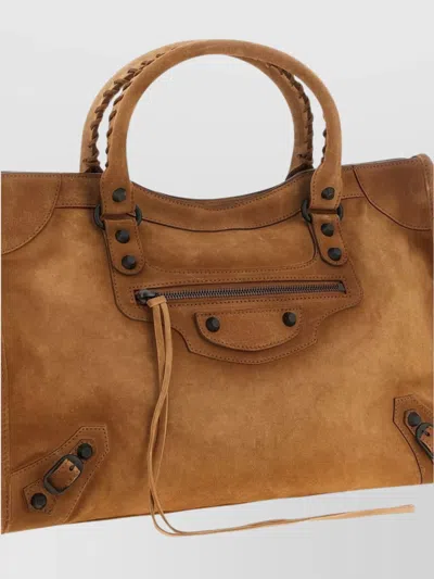 Balenciaga Camel Suede Medium Le City Handbag In Brown