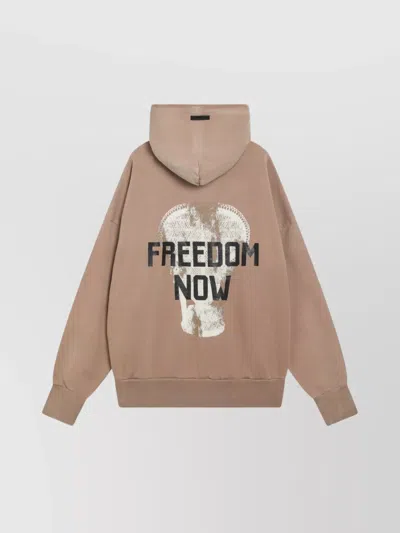 Fear Of God Hooded Sweatshirt With Graphic Print And Ribbed Cuffs In Brown