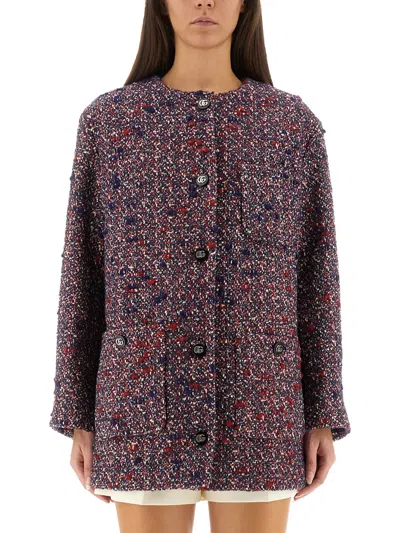 Gucci Multicolor Crewneck Jacket With Gg Logo On The Buttons In Wool Blend Woman In Brown