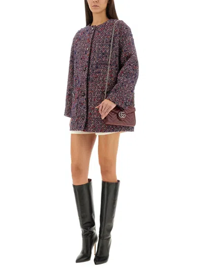 Gucci Multicolor Crewneck Jacket With Gg Logo On The Buttons In Wool Blend Woman In Brown