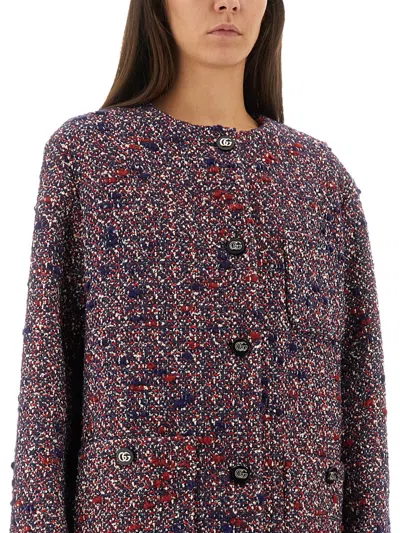 Gucci Multicolor Crewneck Jacket With Gg Logo On The Buttons In Wool Blend Woman In Brown