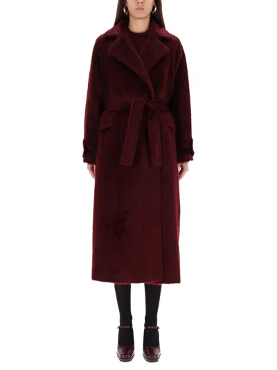 Max Mara Long Coat With Belt And Pockets In Red