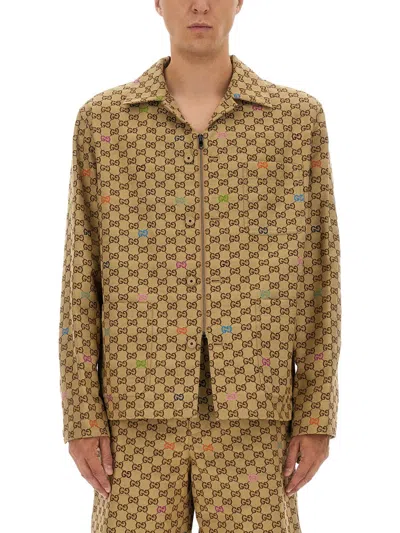 Gucci Beige Shirt With Spread Collar And Two Front Welt Pockets In Gg Canvas Man In Multi