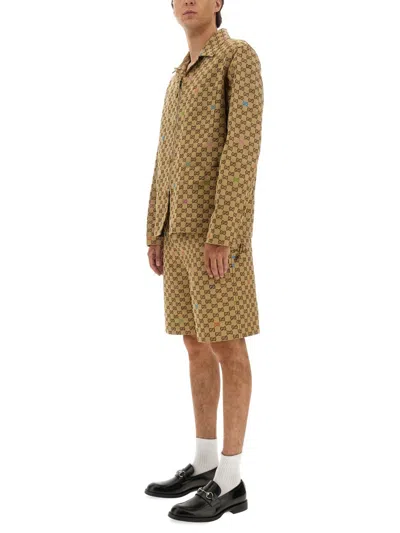 Gucci Beige Shirt With Spread Collar And Two Front Welt Pockets In Gg Canvas Man In Multi