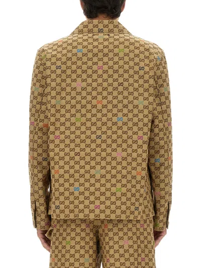 Gucci Beige Shirt With Spread Collar And Two Front Welt Pockets In Gg Canvas Man In Multi