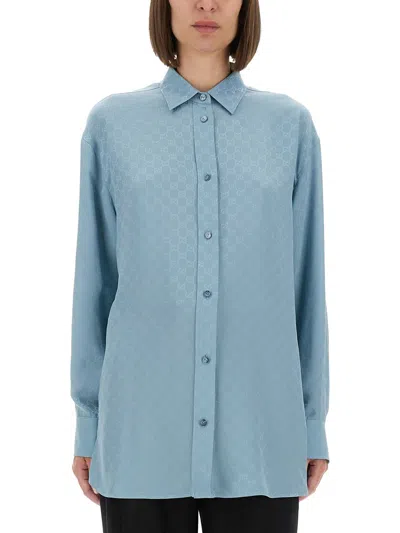 Gucci Women Gg Silk Jacquard Oversized Shirt In Blue