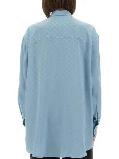 Gucci Women Gg Silk Jacquard Oversized Shirt In Blue