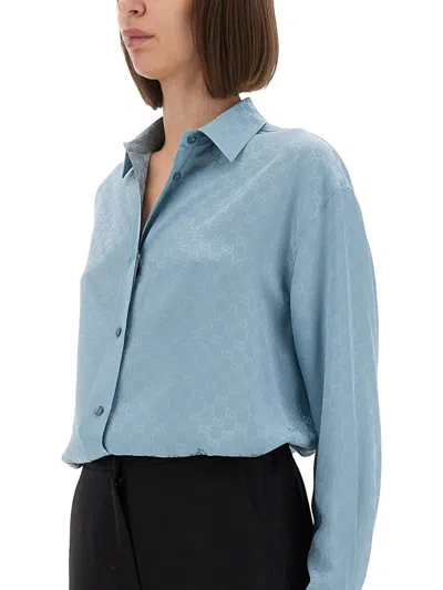 Gucci Women Gg Silk Jacquard Oversized Shirt In Blue