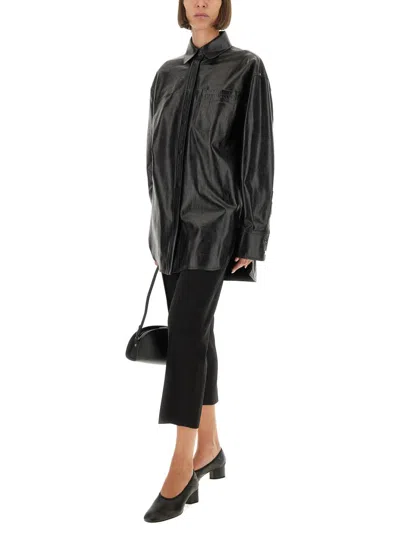 Sportmax Leather Shirt With Long Sleeves And Pocket In Black