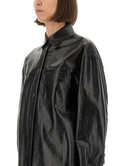 Sportmax Leather Shirt With Long Sleeves And Pocket In Black