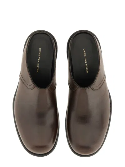 Dries Van Noten Round Toe Leather Clogs With Rubber Sole In Brown