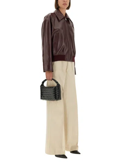 Bottega Veneta Women Bordeaux Crop Jacket With Intreccio Motif Collar And Dropped Shoulders In Leath In Brown