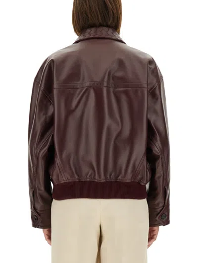 Bottega Veneta Women Bordeaux Crop Jacket With Intreccio Motif Collar And Dropped Shoulders In Leath In Brown