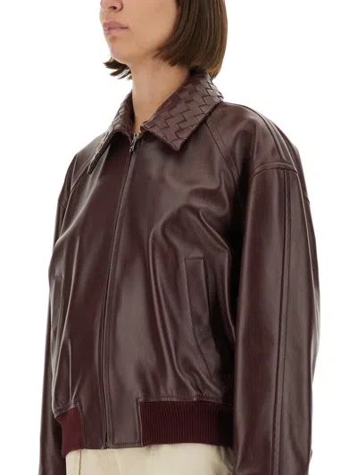 Bottega Veneta Women Bordeaux Crop Jacket With Intreccio Motif Collar And Dropped Shoulders In Leath In Brown
