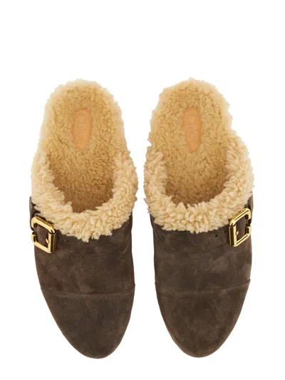 Chloé Mules With Buckle And Studded Trim In Brown