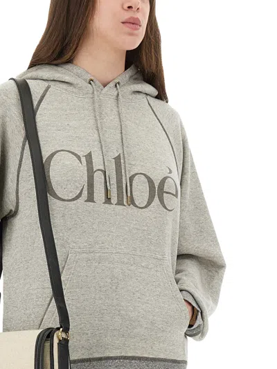 Chloé Cotton Blend Logo Hoodie In Gray