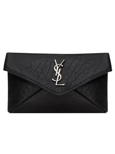 Saint Laurent Textured Leather Envelope Wallet Chain Detail In Black
