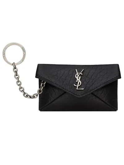 Saint Laurent Textured Leather Envelope Wallet Chain Detail In Black