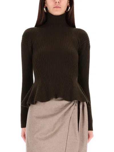 Max Mara Turtleneck Sweater Peplum Hem In Brown
