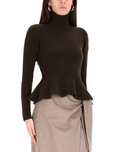 Max Mara Turtleneck Sweater Peplum Hem In Brown