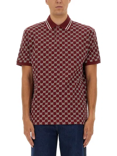 Gucci Men Red Polo Shirt With Striped Classic Collar In Gg Jacquard Cotton Man In Burgundy