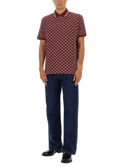 Gucci Men Red Polo Shirt With Striped Classic Collar In Gg Jacquard Cotton Man In Burgundy