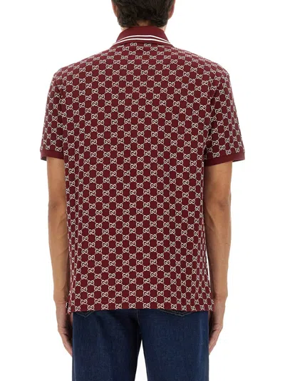Gucci Men Red Polo Shirt With Striped Classic Collar In Gg Jacquard Cotton Man In Burgundy