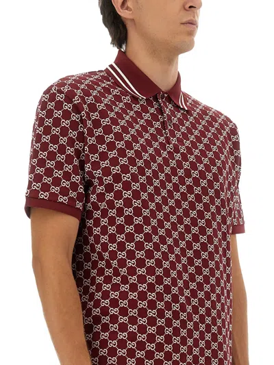 Gucci Men Red Polo Shirt With Striped Classic Collar In Gg Jacquard Cotton Man In Burgundy