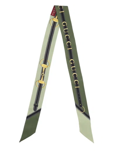 Gucci Green Silk Twill Ribbon With Logo Print Women In Blue