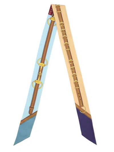 Gucci Long Rectangular Silk Twill Scarf In Brown