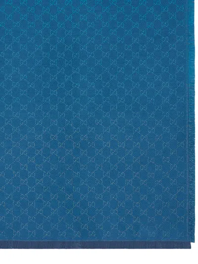 Gucci Women Wool Blend Shawl With Gg Lame Motif In Blue