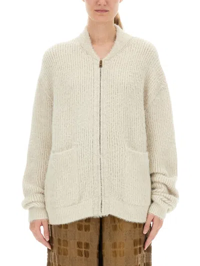Uma Wang Ribbed Knit Cardigan With Plush Texture And Zipper Closure In Neutral
