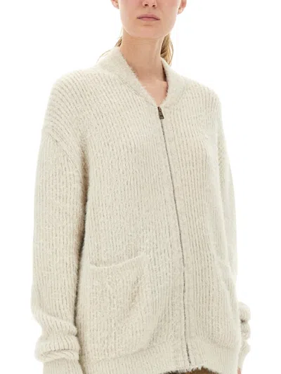 Uma Wang Ribbed Knit Cardigan With Plush Texture And Zipper Closure In Neutral