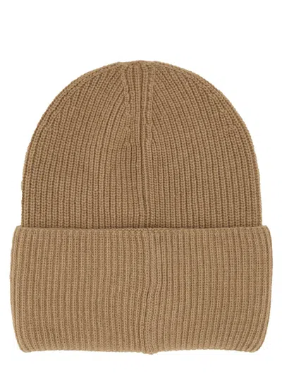 Moncler Wool Cap With Logo In Brown