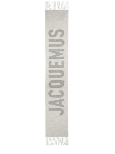 Jacquemus Fringed Wool Scarf With Bold Lettering In Neutral