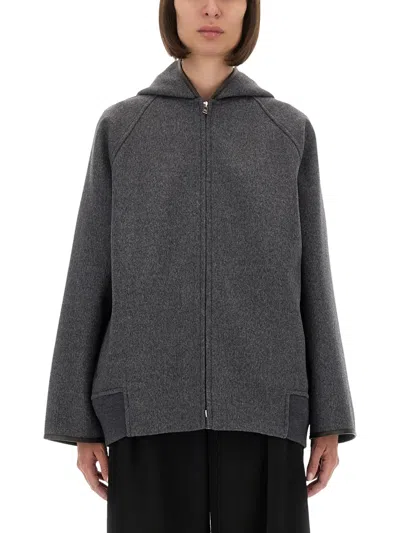 Bottega Veneta Double Wool Blouson Jacket With Leather Trims In Gray