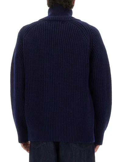Dries Van Noten Chunky Knit High Collar Wool Sweater In Blue
