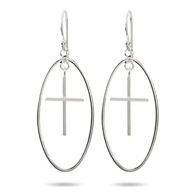 Evesaddiction Sterling Silver Oval Dangling Cross Earrings In Silver