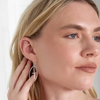 Evesaddiction Sterling Silver Oval Dangling Cross Earrings In Silver
