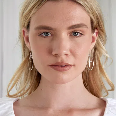 Evesaddiction Sterling Silver Oval Dangling Cross Earrings In Silver