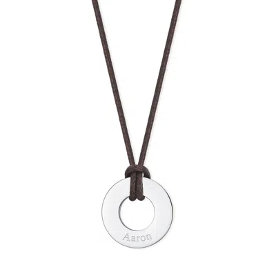 Evesaddiction Men's Engravable Brown Cord Circle Pendant In Silver