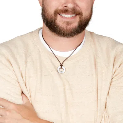 Evesaddiction Men's Engravable Brown Cord Circle Pendant In Silver