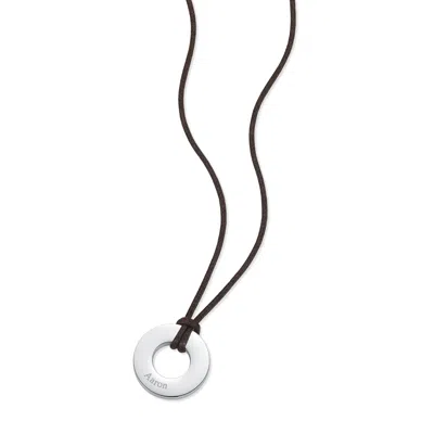 Evesaddiction Men's Engravable Brown Cord Circle Pendant In Silver