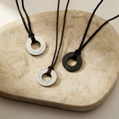 Evesaddiction Men's Engravable Brown Cord Circle Pendant In Silver