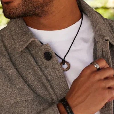 Evesaddiction Men's Engravable Black Cord Circle Pendant In Silver