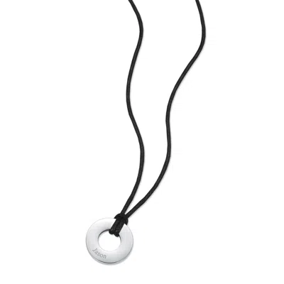 Evesaddiction Men's Engravable Black Cord Circle Pendant In Silver