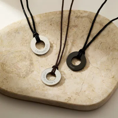 Evesaddiction Men's Engravable Black Cord Circle Pendant In Silver
