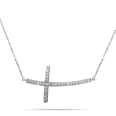 Evesaddiction Large Curved Cz Sideways Cross Necklace In Silver
